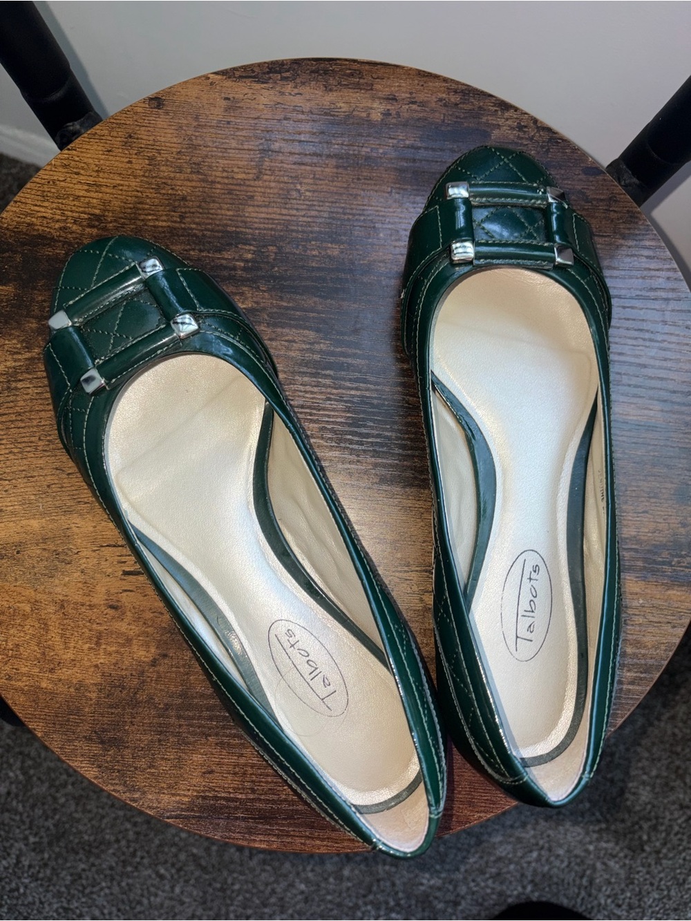 Vintage Talbots Emerald Green Quilted Leather Ballet Flats with Silver Accents